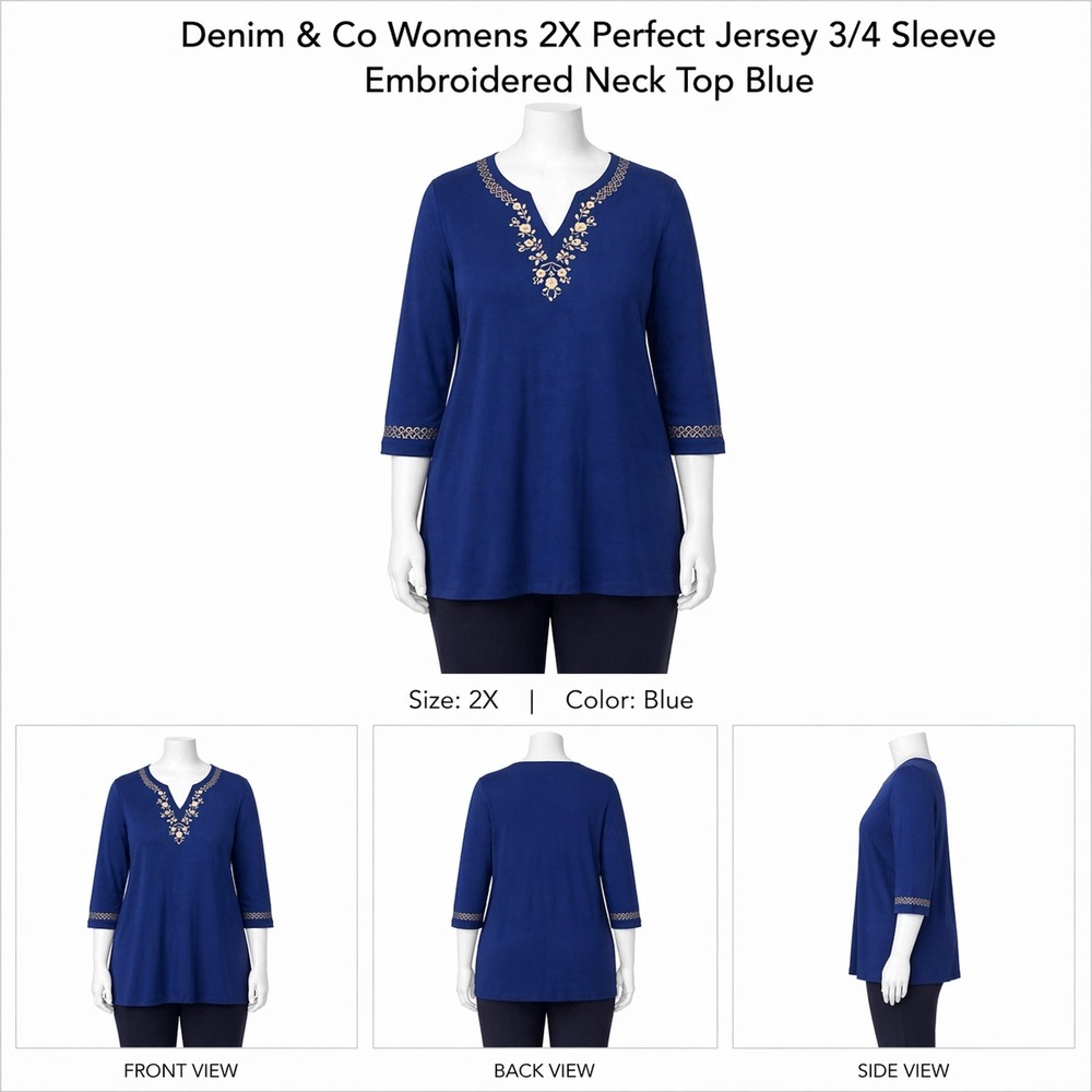 Denim & Co Womens 2X Perfect Jersey 3/4 Sleeve Embroidered Neck Top Blue A226295